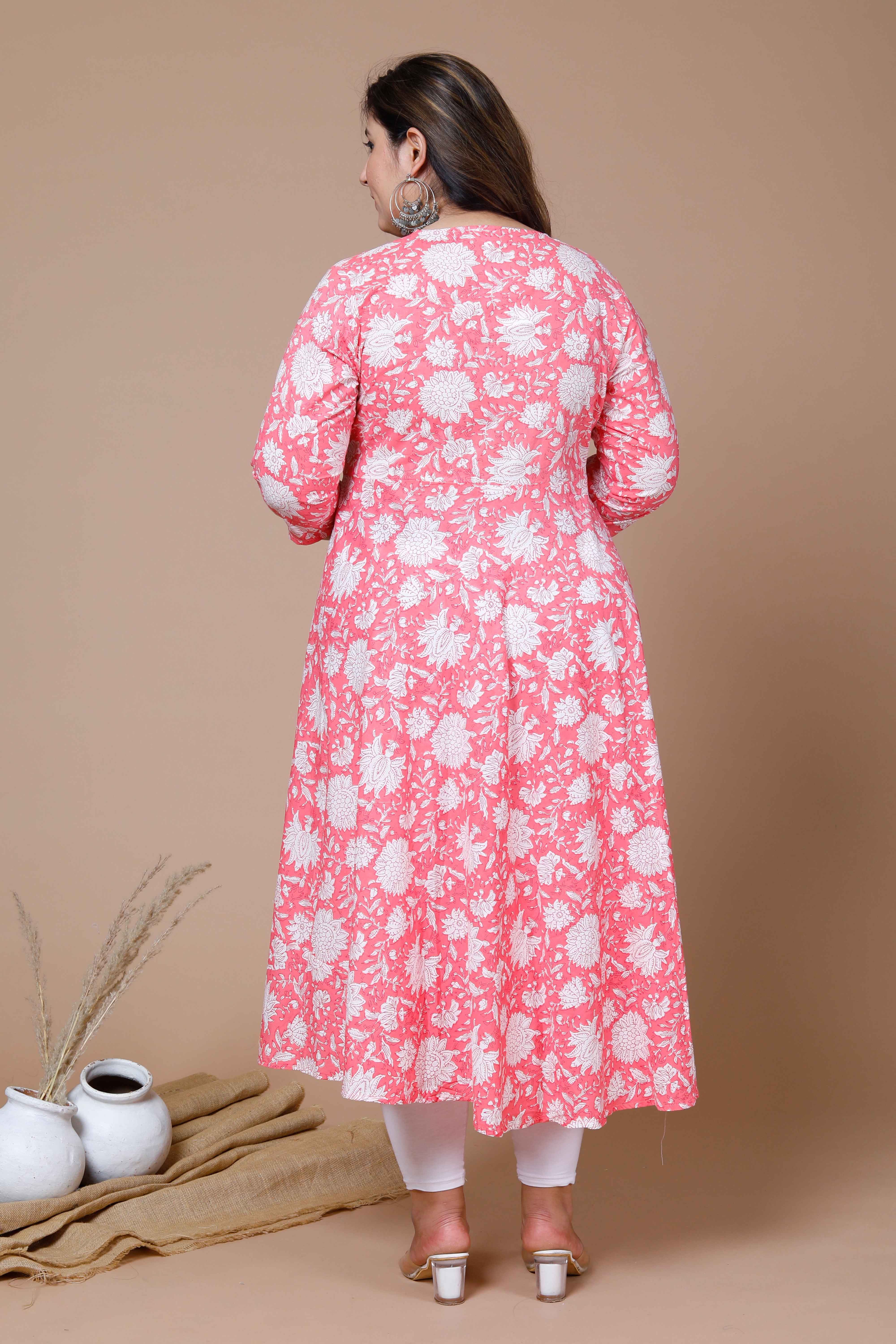 Pink Floral Printed Cotton Anarkali Kurta with Dupatta